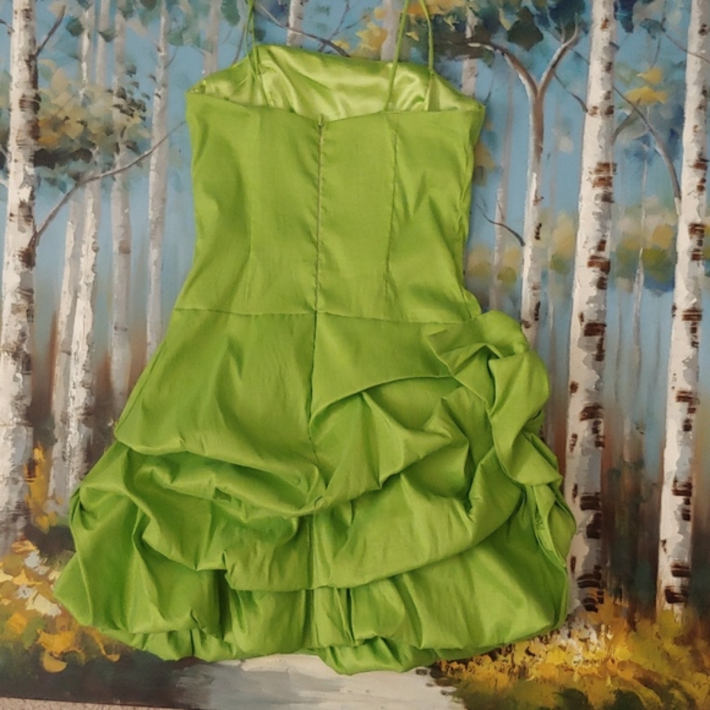 Lime Green Spaghetti-Strap Prom Dress with Rosette Accent - Picture 4 of 5